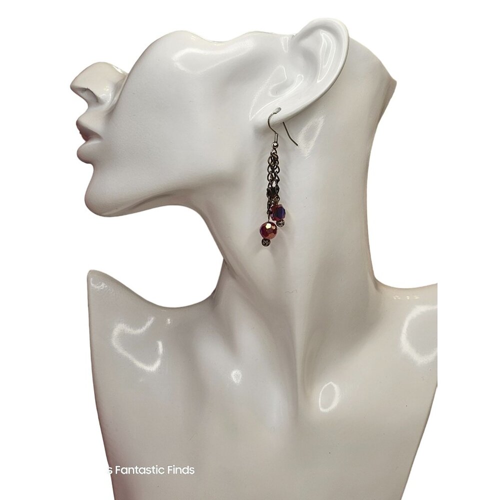 Swarovski AB Red‎ & Silver Beaded Dangle Earrings Silver Hook Back